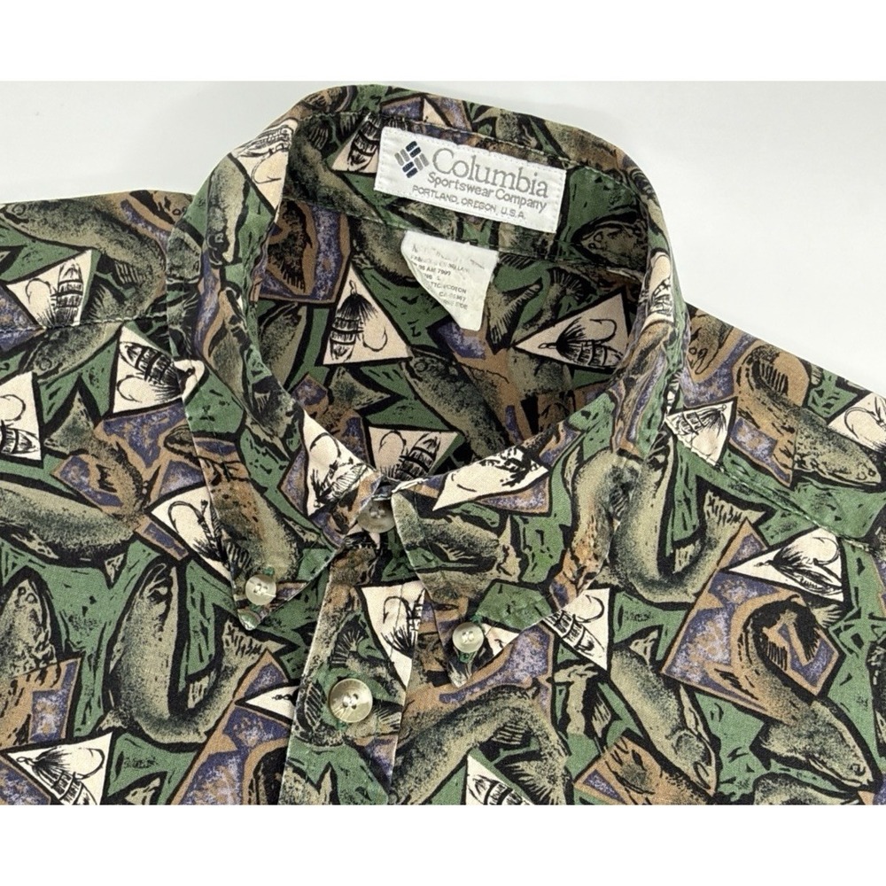 Vintage Columbia Fishing Shirt Men's L Trout Fly Lure Print Cotton‎ 1998